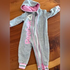 Reebok Pink and Gray Hooded Infant Onesie. 6-9 months
